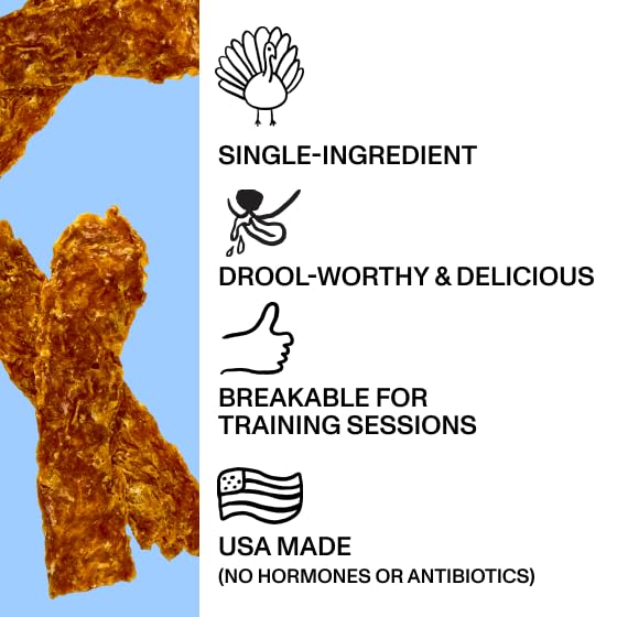 Spot & Tango Turkey Strips close-up highlights lean turkey breast texture for training rewards.