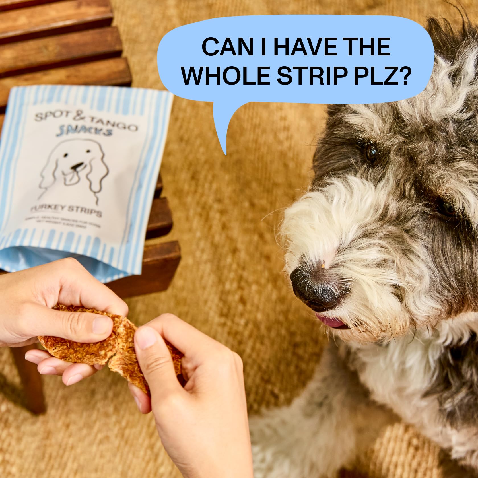 Spot & Tango Turkey Strips lean white-meat close-up emphasizes protein for a healthy coat.