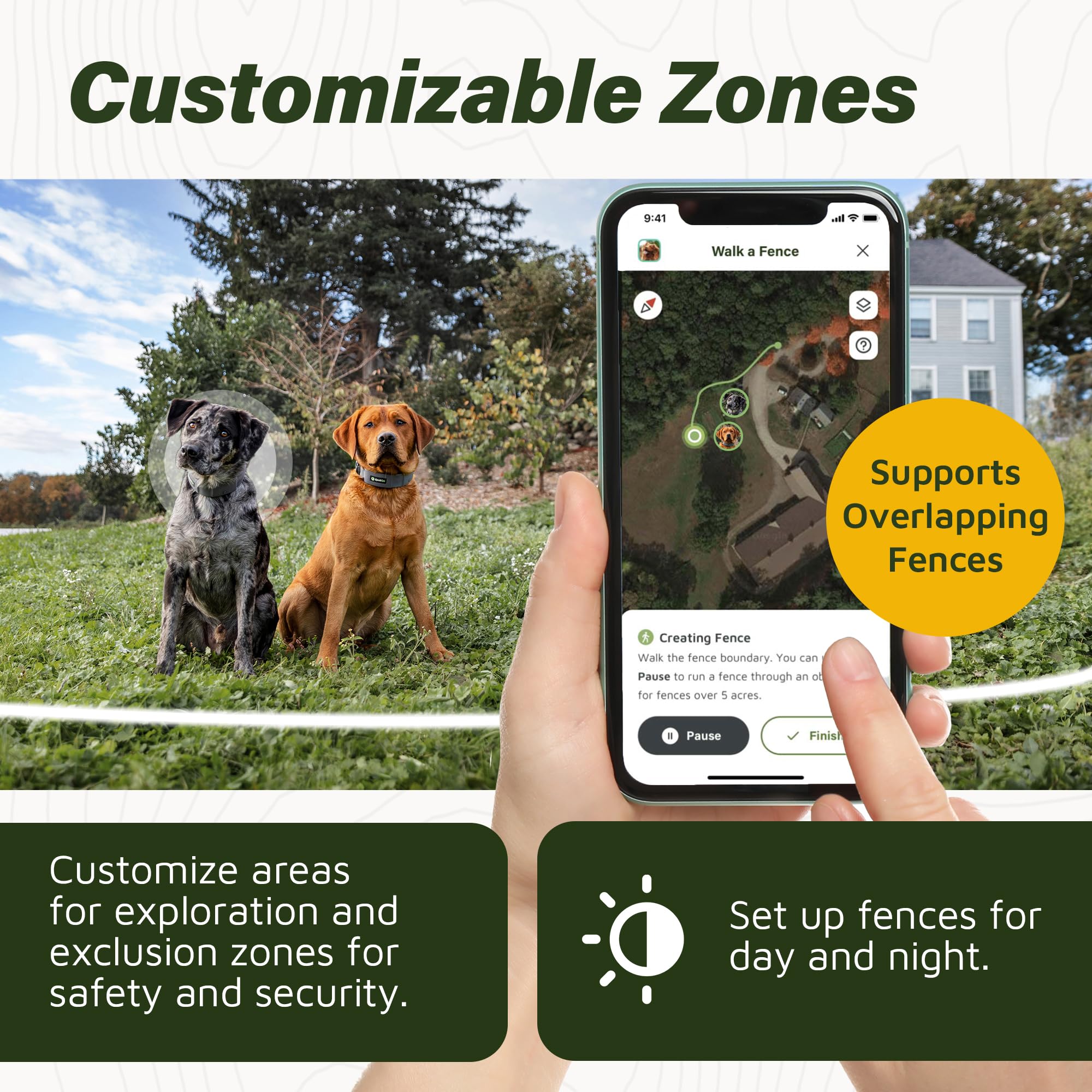 SpotOn GPS collar with overlapping fences illustrates unlimited, adaptable layouts for large properties.
