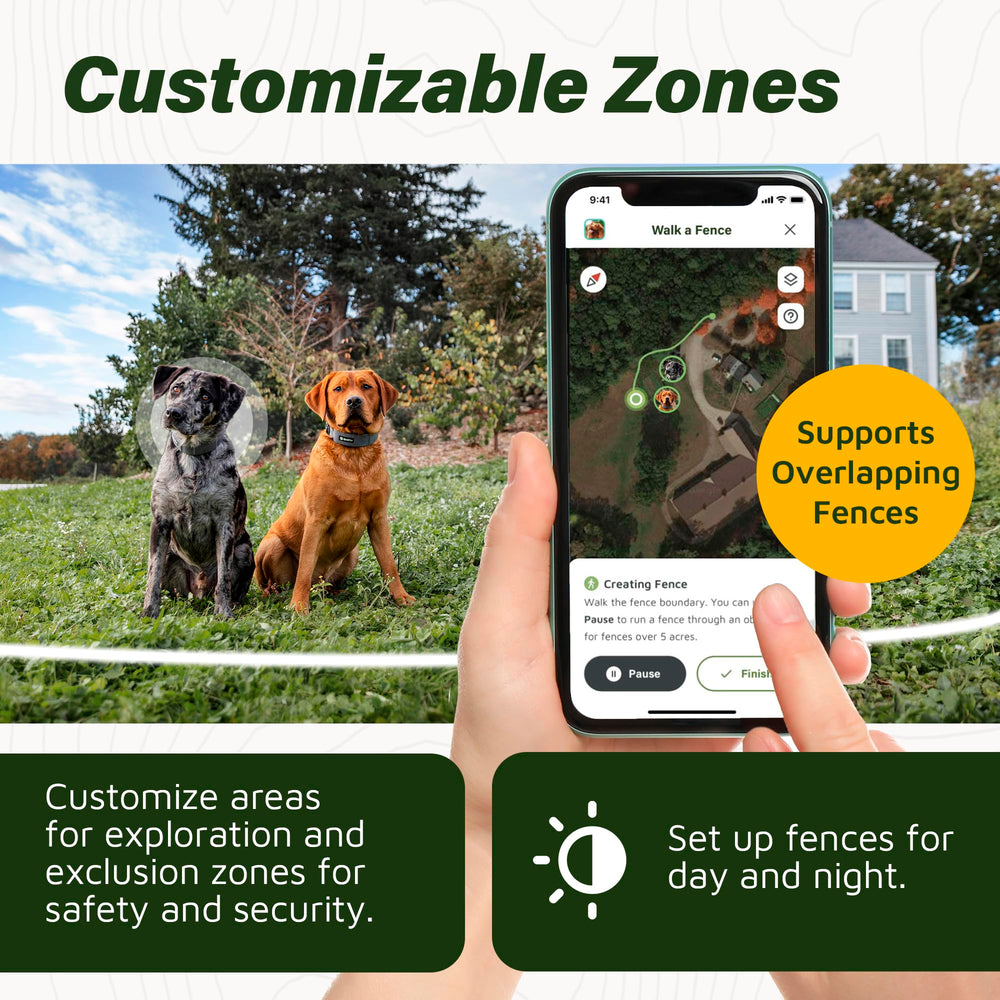 SpotOn GPS collar with overlapping fences illustrates unlimited, adaptable layouts for large properties.