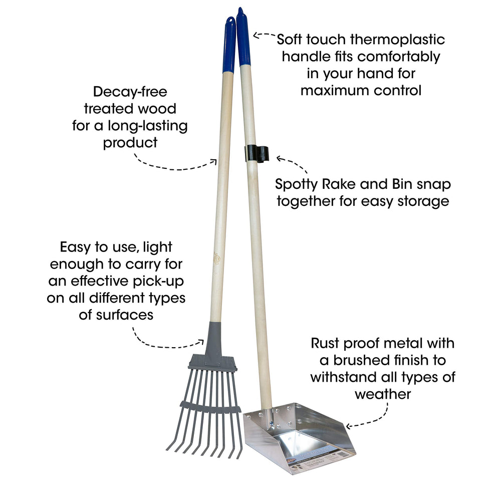 Spotty metal tray and rake—durable outdoor waste collection tool.