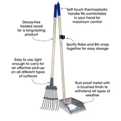 Spotty metal tray and rake—durable outdoor waste collection tool.