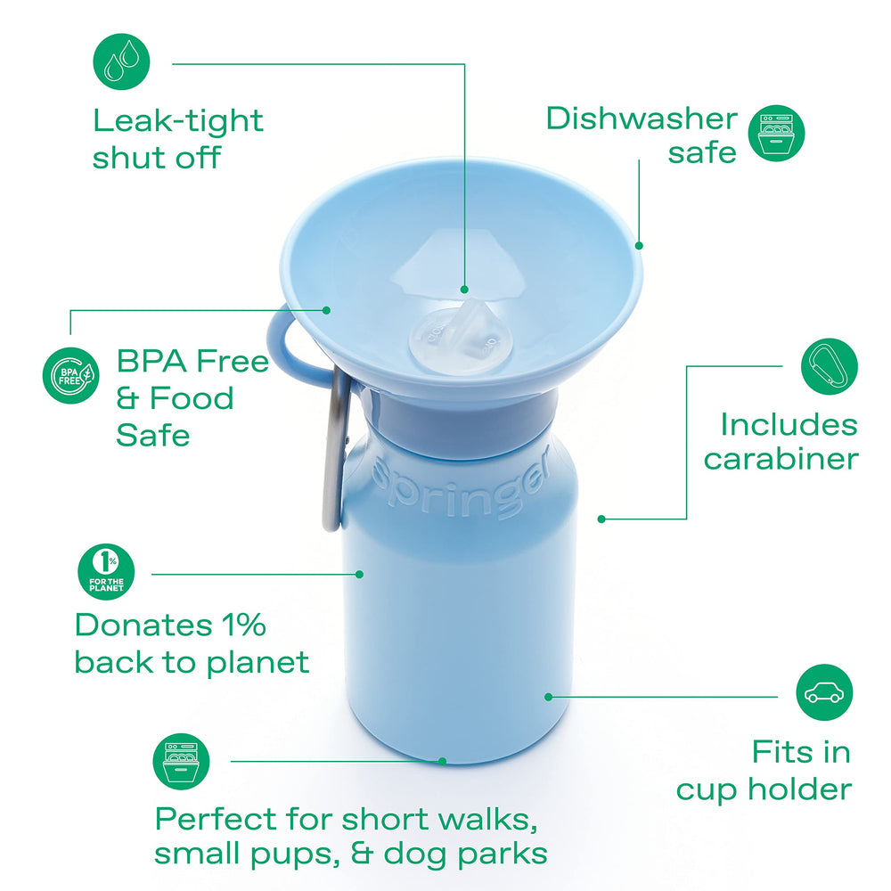 Springer bottle fits car cup holders for convenient storage on trips.