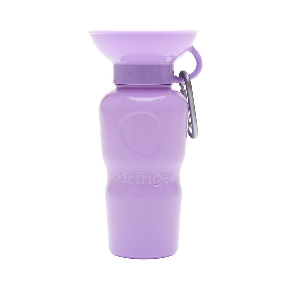 Springer dog water bottle fits car cup holders during trips.
