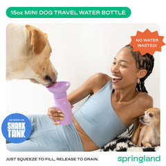 Springer dog bottle leak-proof valve in action during a hike.