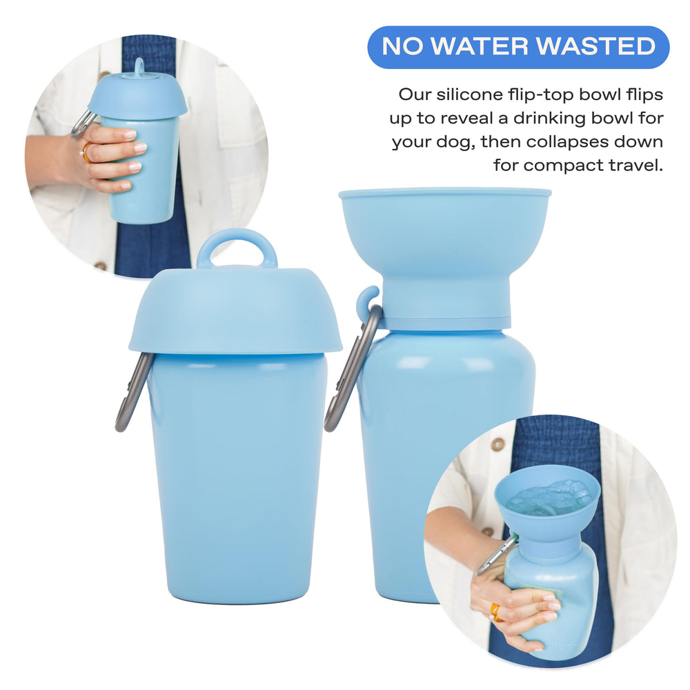 Springer Flip bottle pours water into the foldable silicone bowl