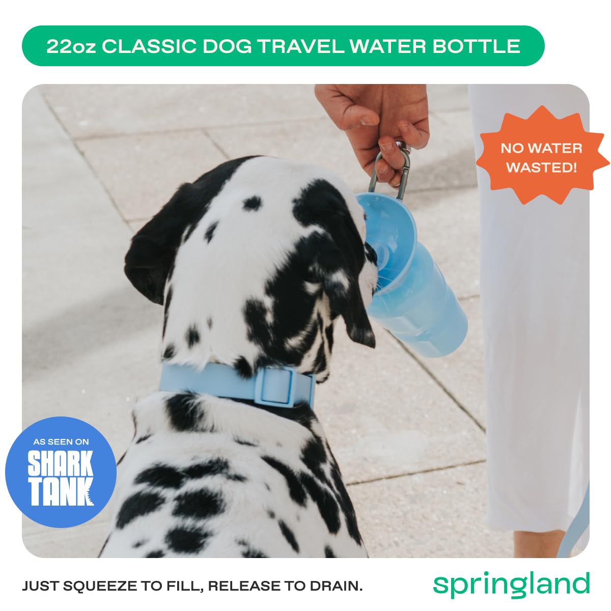 Springer leak-proof valve design keeps water contained during travel.