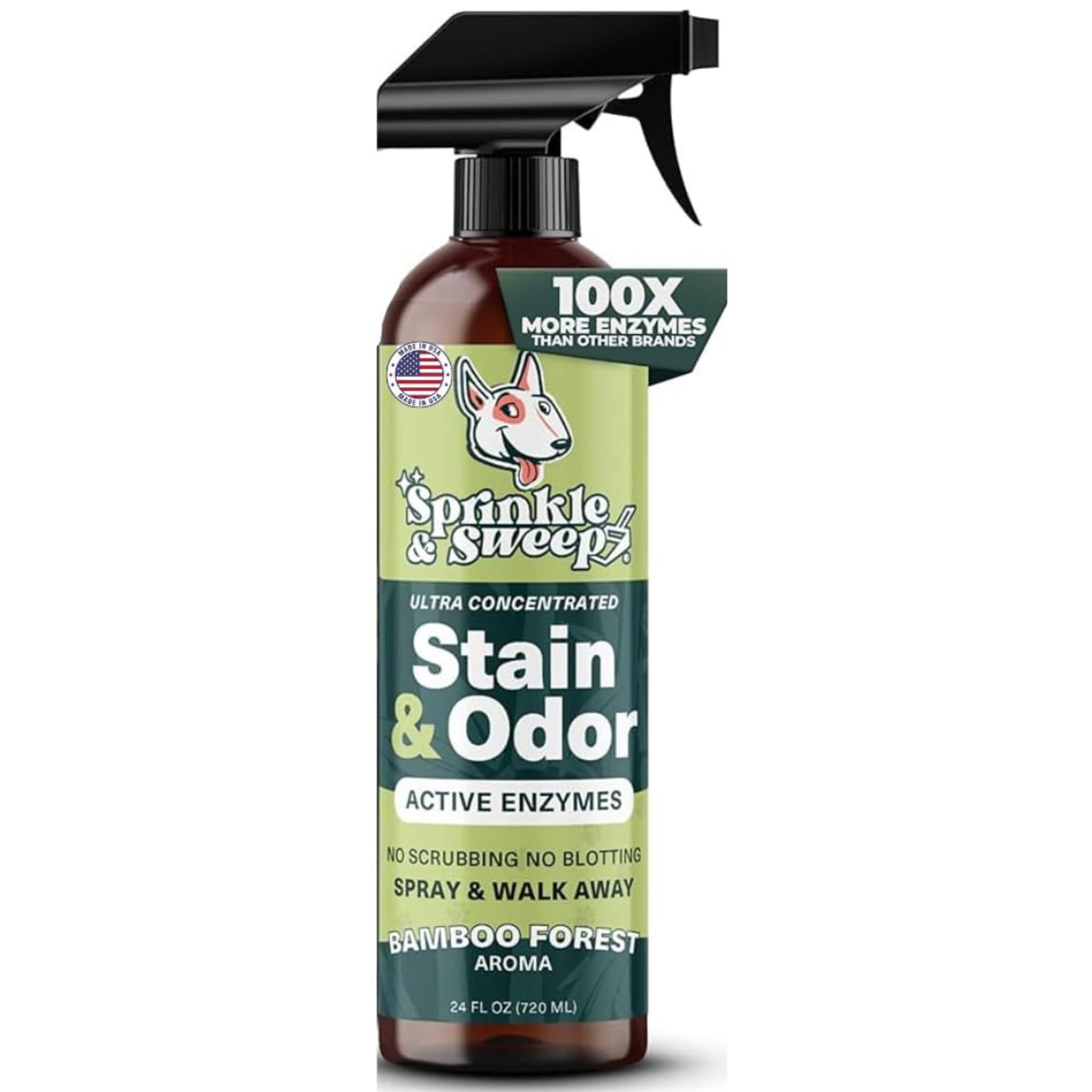 Sprinkle & Sweep bottle pour demonstrates quick spray-on cleaning for carpets and upholstery.