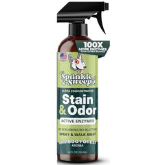 Sprinkle & Sweep bottle pour demonstrates quick spray-on cleaning for carpets and upholstery.