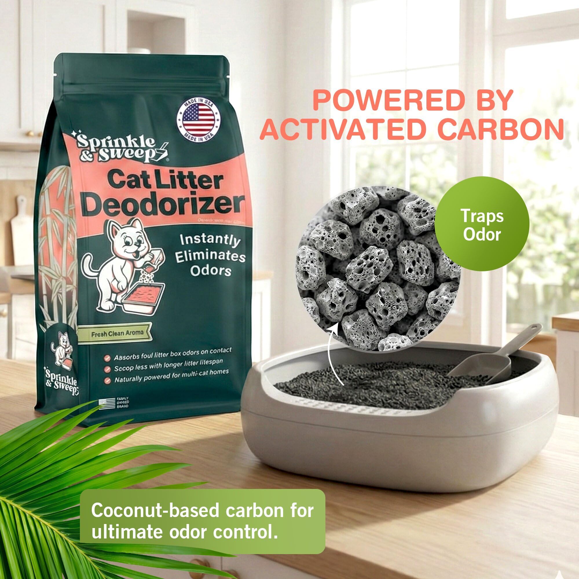 Sprinkle & Sweep coconut-based activated carbon beads show odor capture
