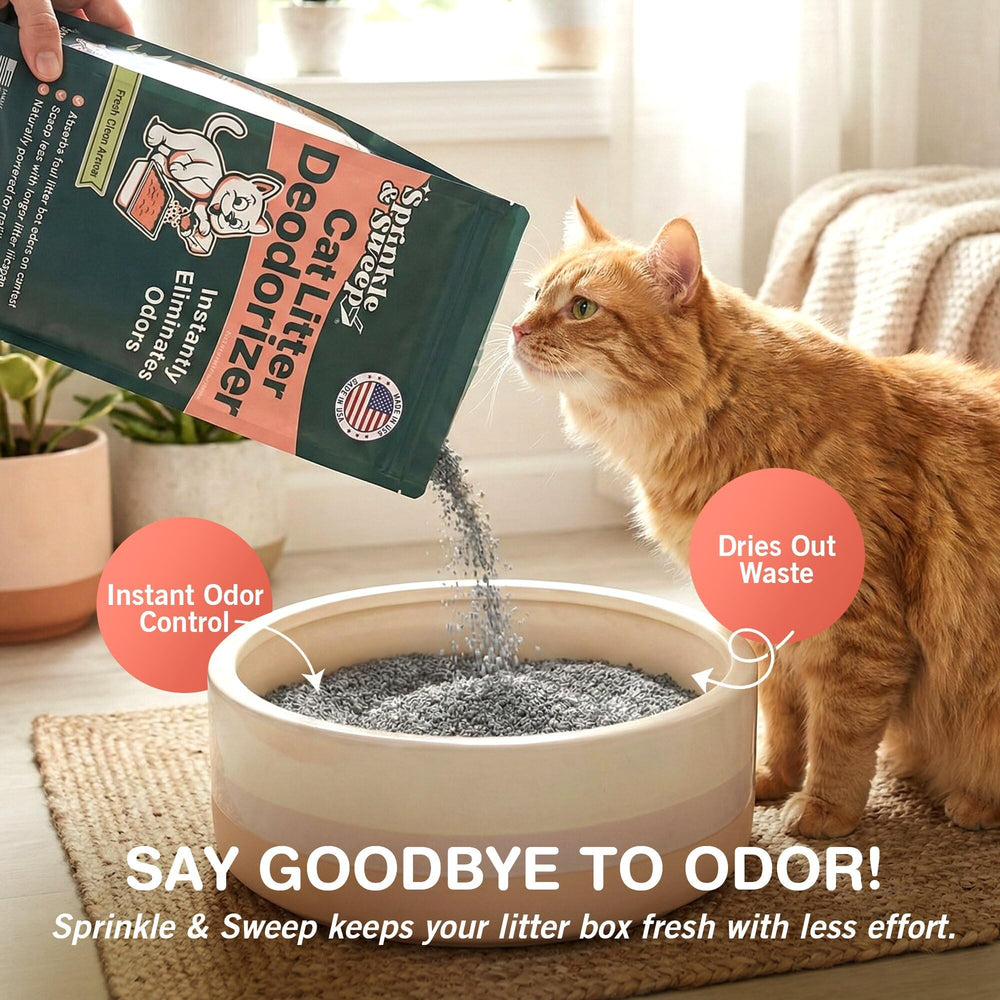 Sprinkle & Sweep deodorizer sprinkled into litter box for instant odor control