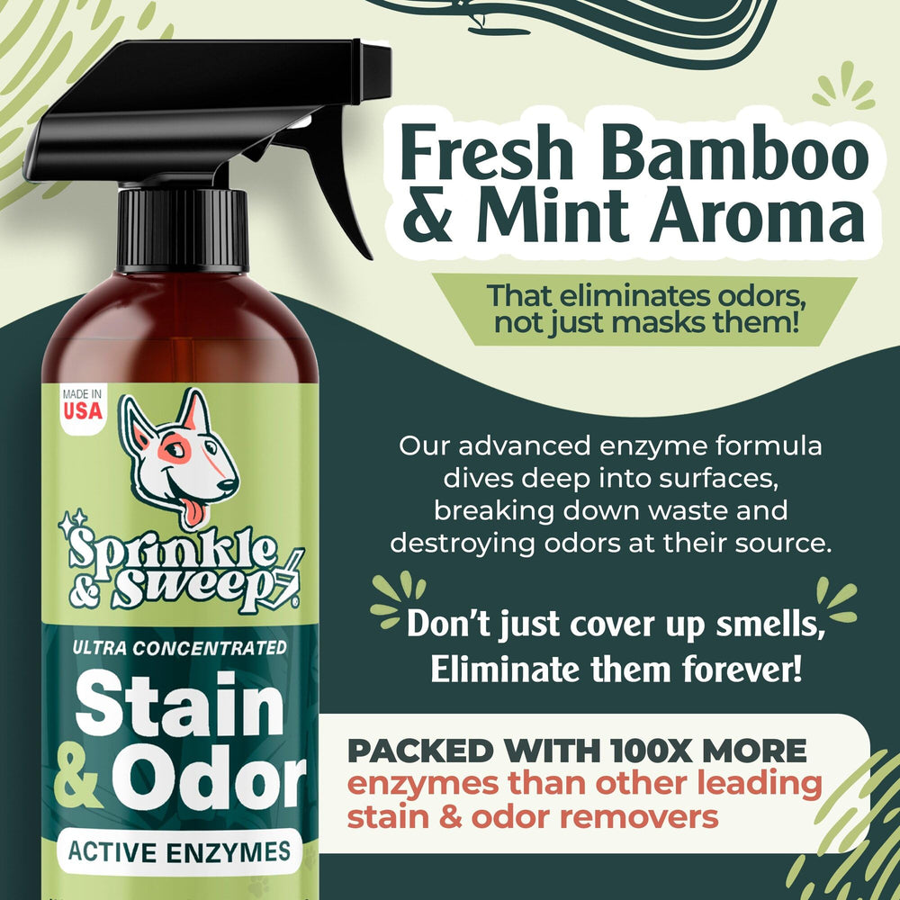 Sprinkle & Sweep dog-urine-stain-removal shows deep carpet cleaning with odor control.