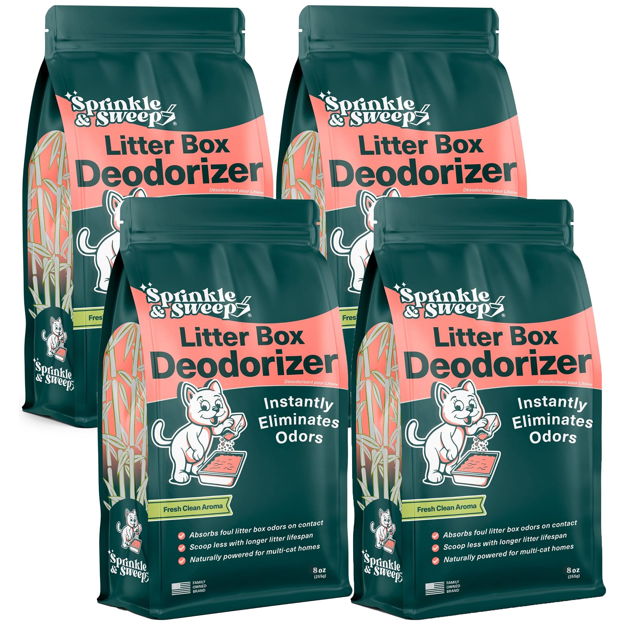 Sprinkle & Sweep packaging shows 4-pack for long-lasting litter odor control