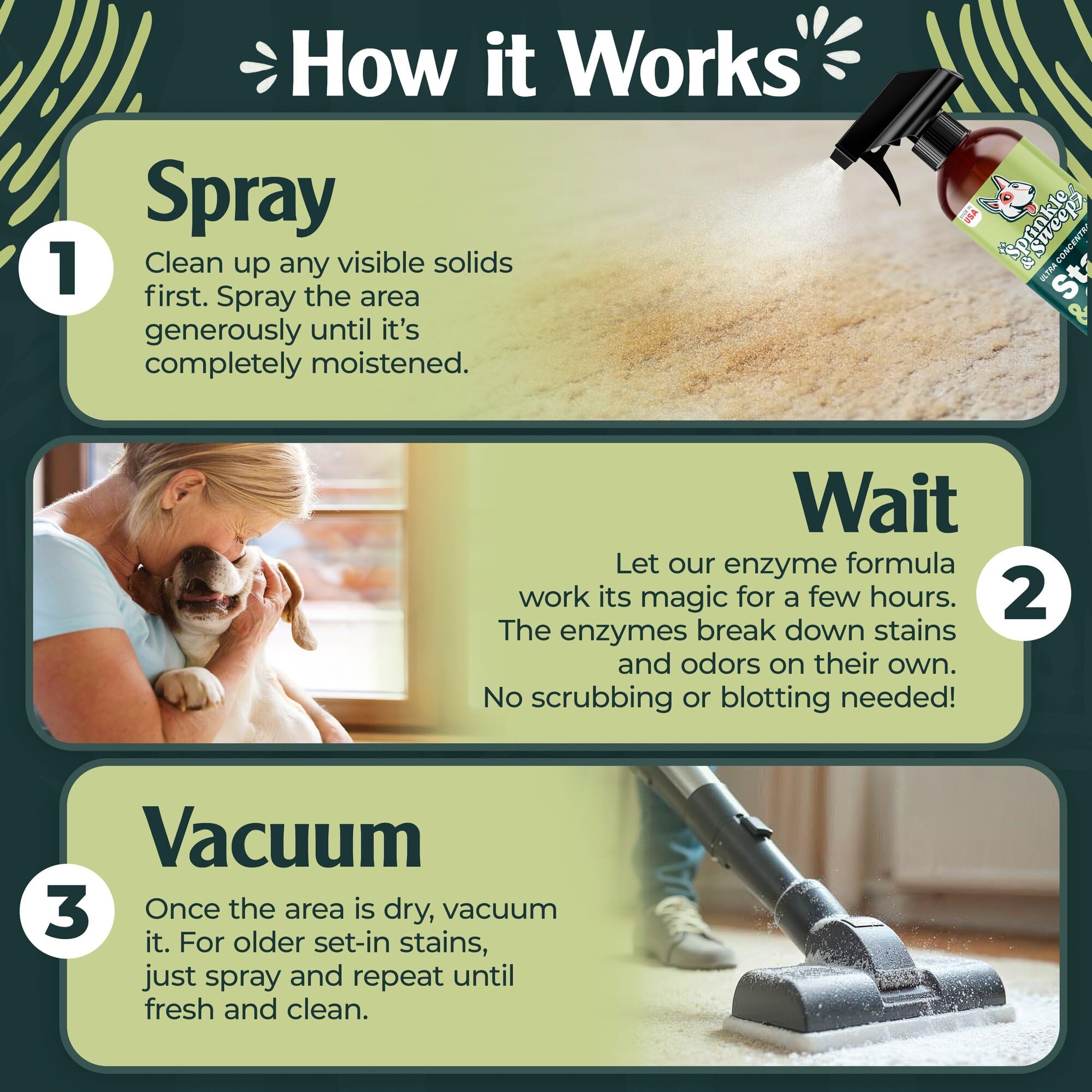 Mattress odor removal action with Sprinkle & Sweep.