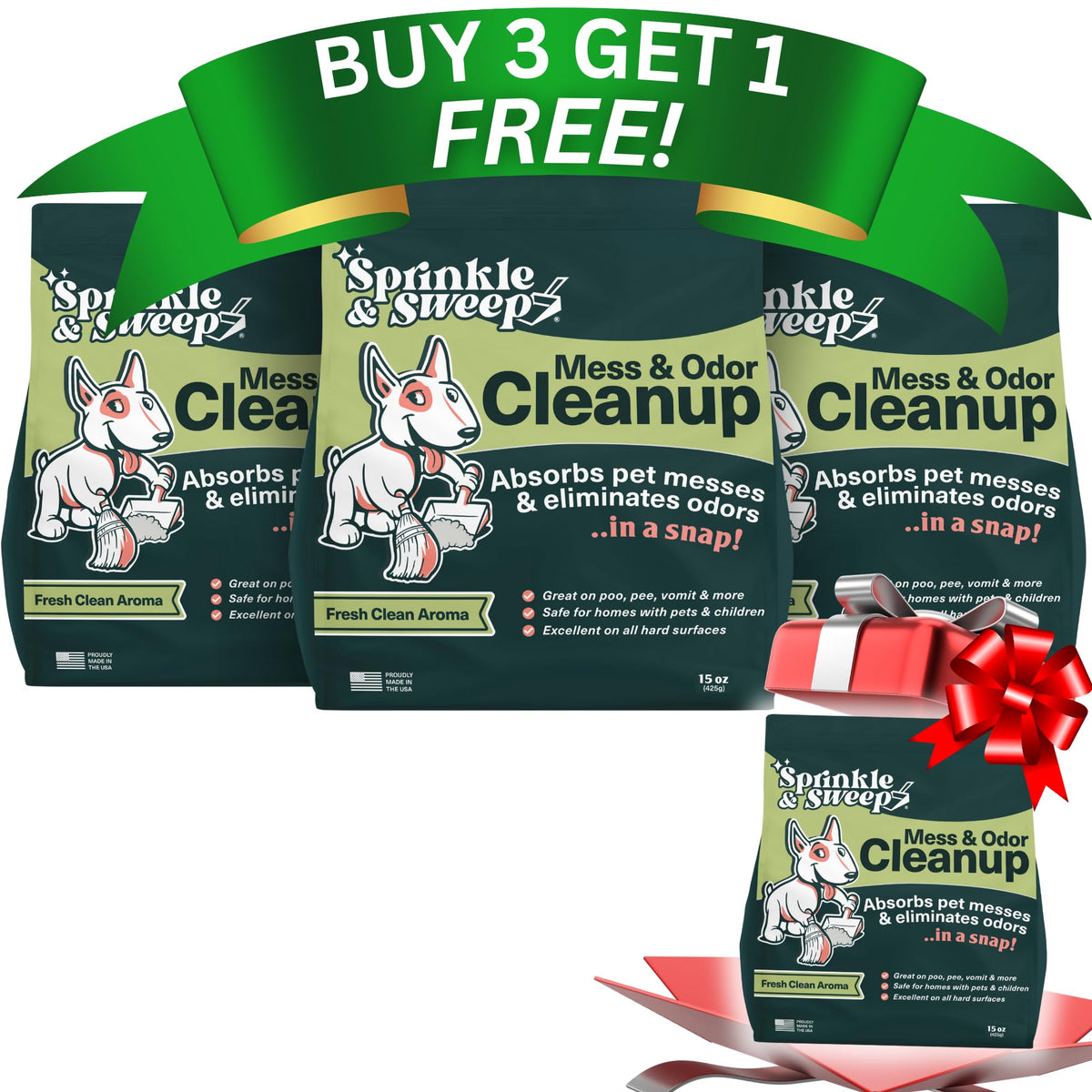 Sprinkle & Sweep pet accident cleanup bottle shows quick, residue-free cleanup.