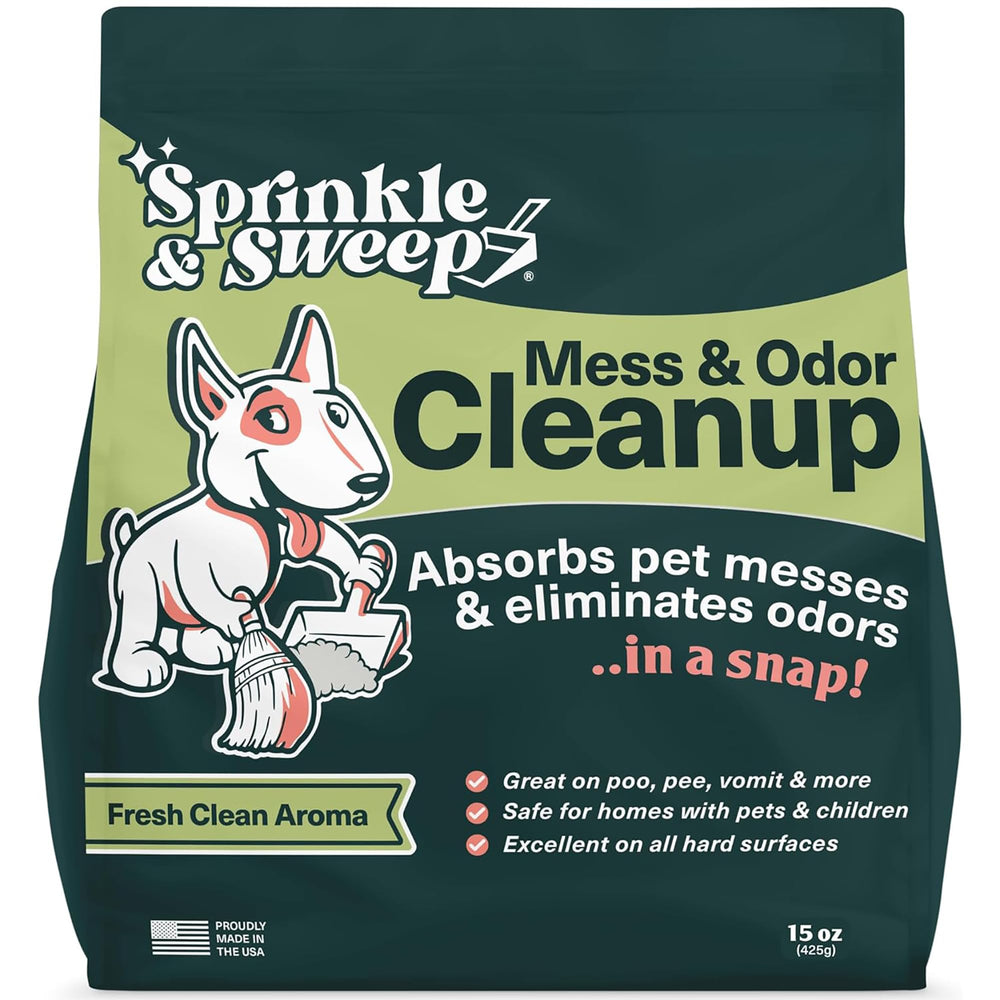 Sprinkle & Sweep powder covers accident for quick odor control on surfaces.