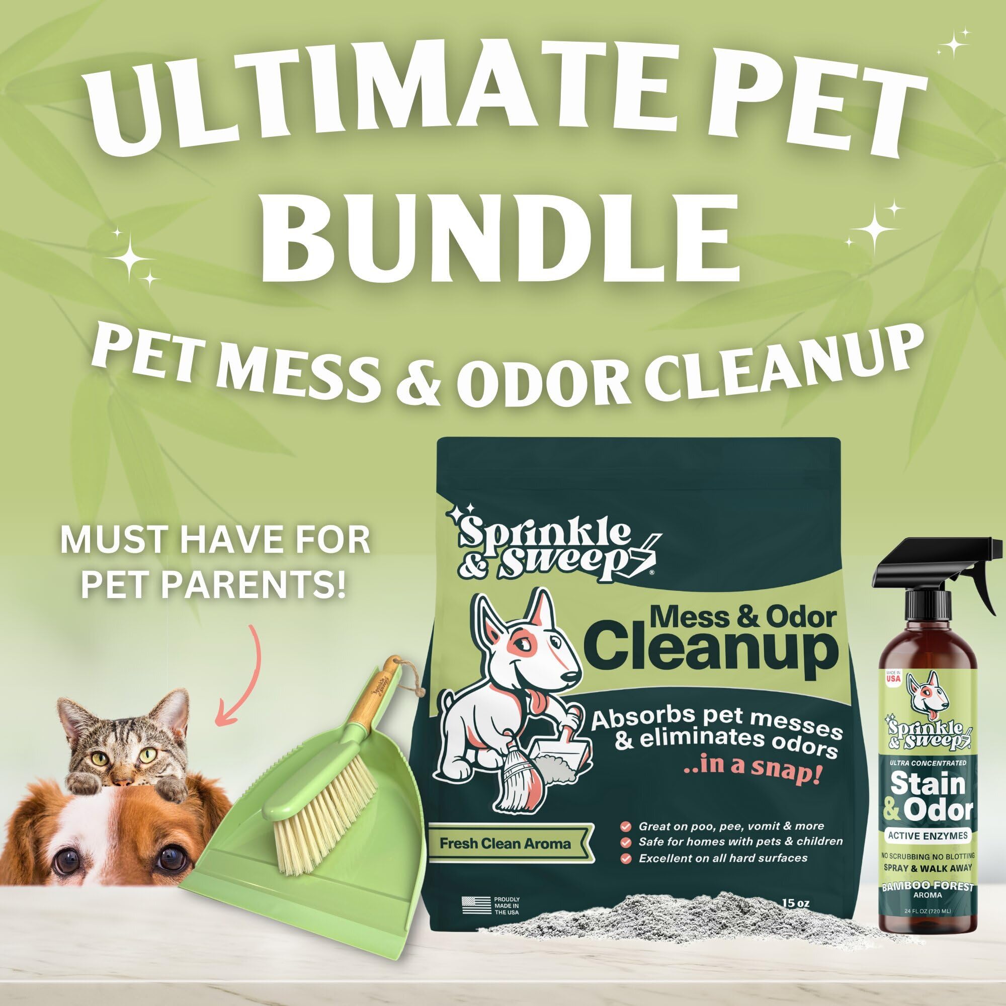 Sprinkle & Sweep dustpan and hand broom for quick cleanup after accidents.