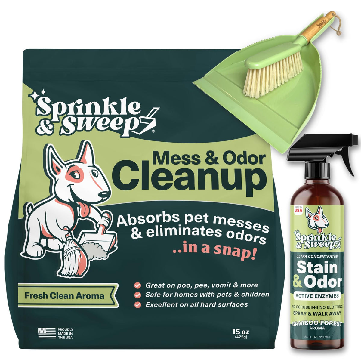 Sprinkle & Sweep powder bag ready to absorb a pet mess and control odors.