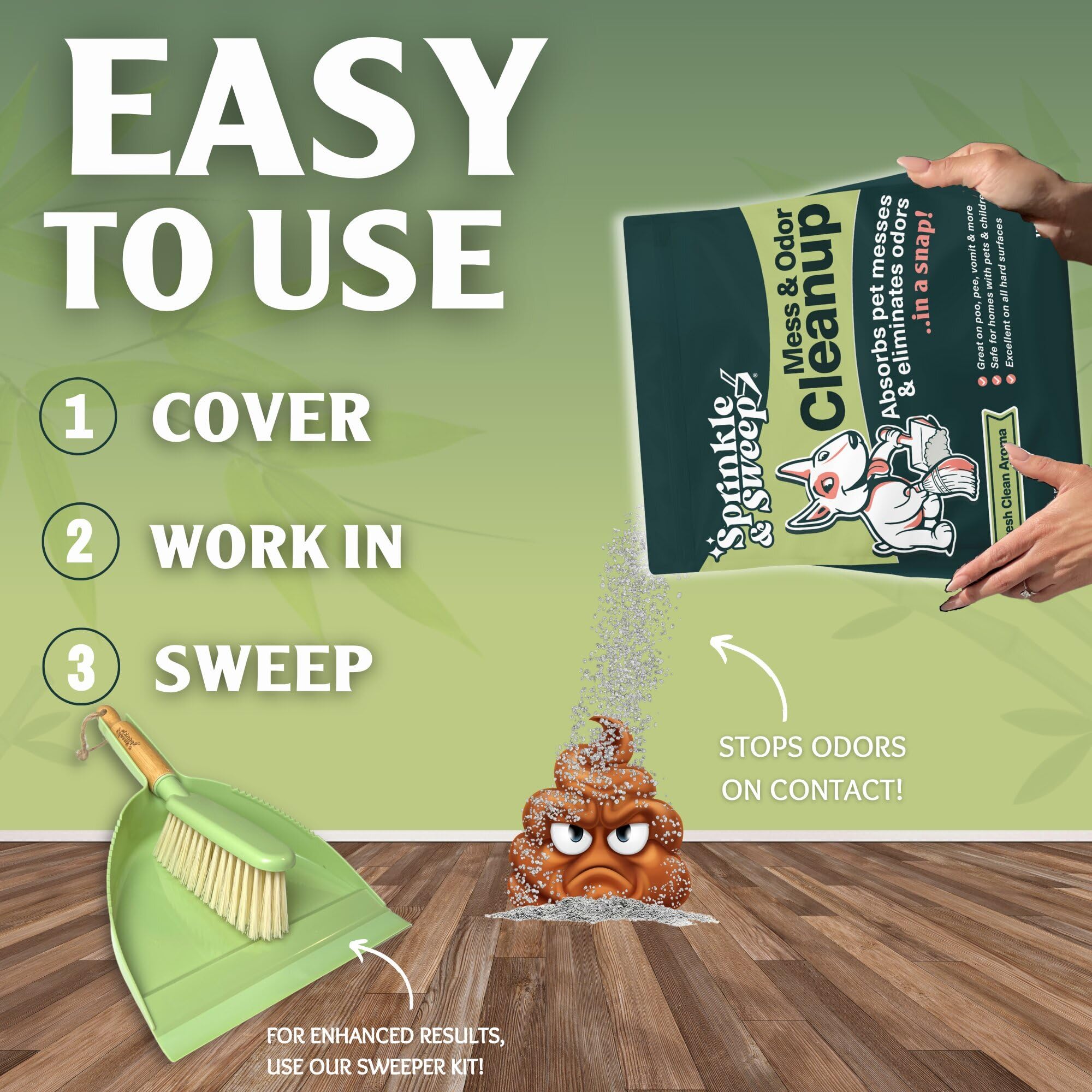 Sprinkle & Sweep stain and odor spray bottle for deep carpet and fabric cleaning.