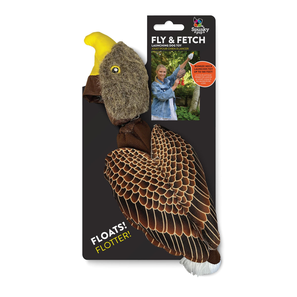 Spunky Pup Fly & Fetch Eagle launcher toy enables long-range fetch.