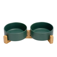 SPUNKYJUNKY ceramic bowl with wood stand for spill-free feeding area
