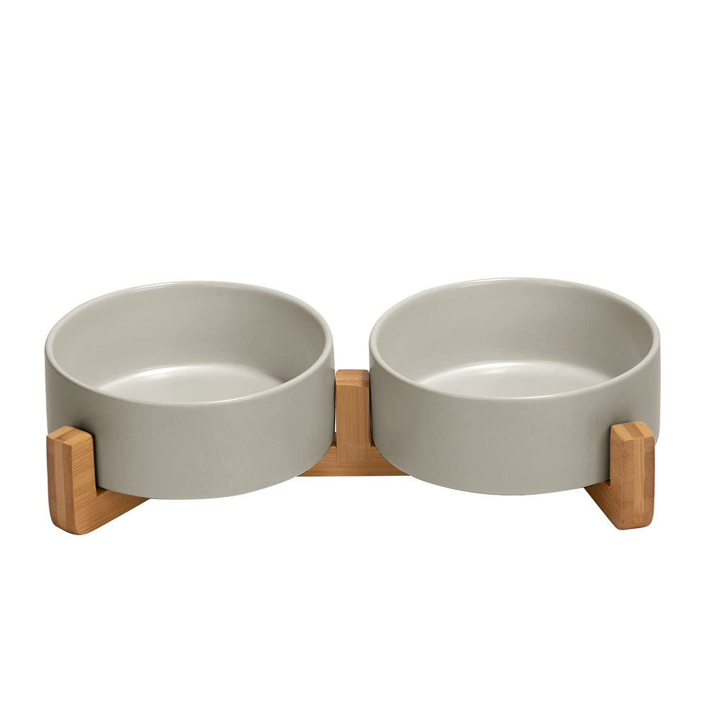 SPUNKYJUNKY ceramic dog bowl on wood stand keeps mealtime tidy and spills at bay