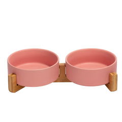 SPUNKYJUNKY ceramic bowl with wooden stand for tidy meals and better posture.
