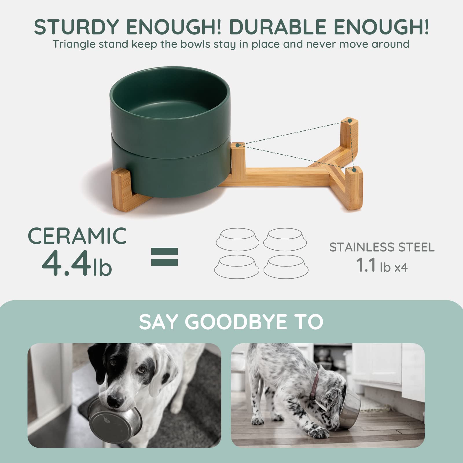 SPUNKYJUNKY dual-bowl setup on wood stand for food and water.