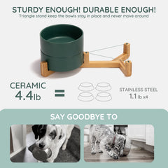 SPUNKYJUNKY dual-bowl setup on wood stand for food and water.
