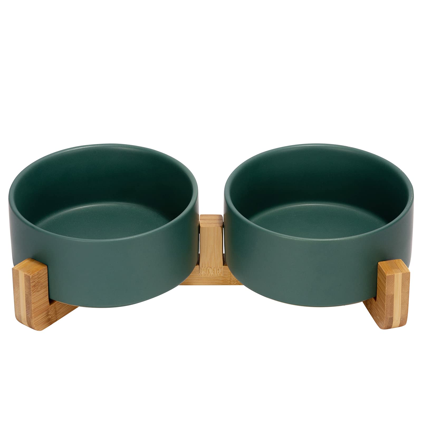 SPUNKYJUNKY ceramic dog and cat bowl on wood stand for elevated feeding.