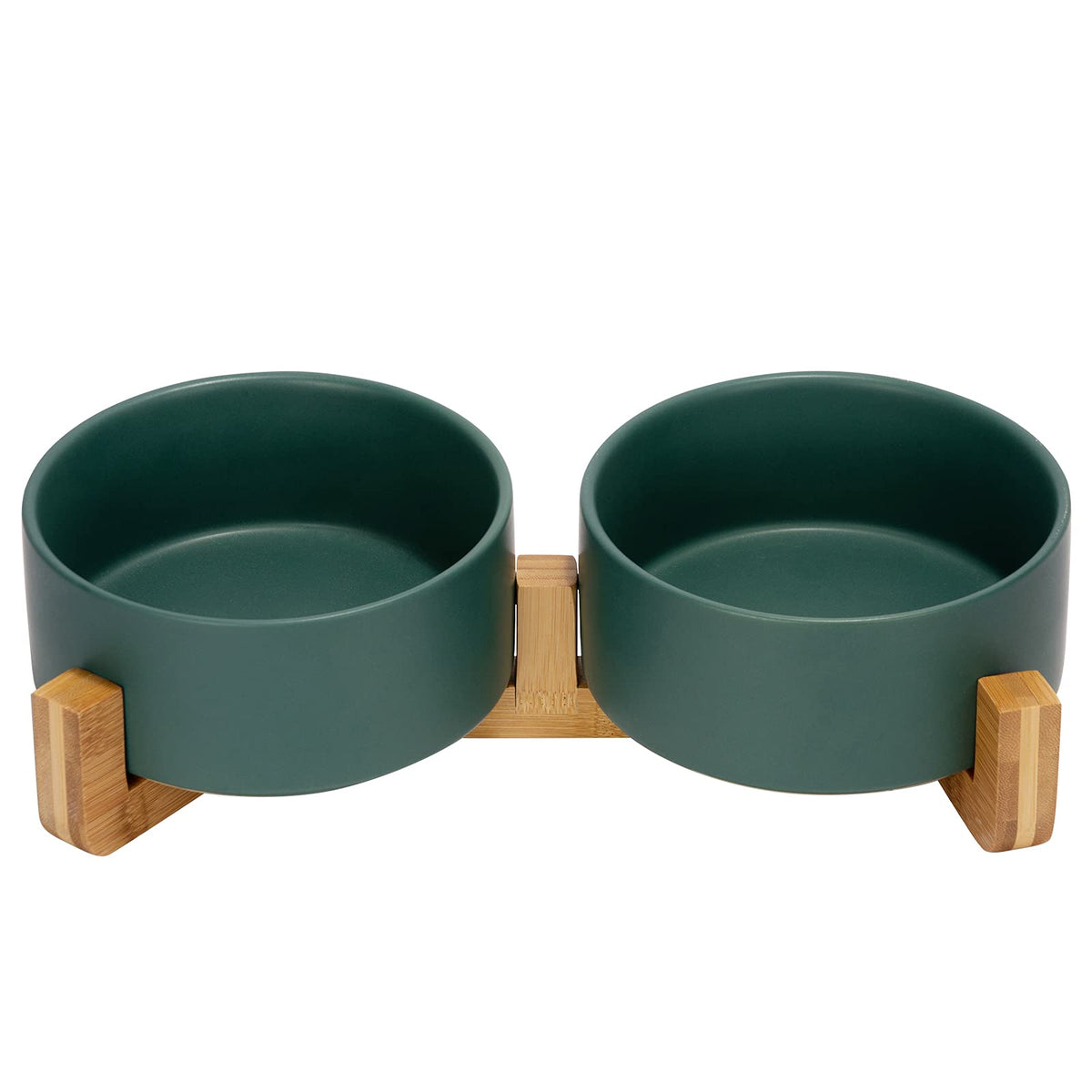 SPUNKYJUNKY ceramic dog and cat bowl on wood stand for elevated feeding.