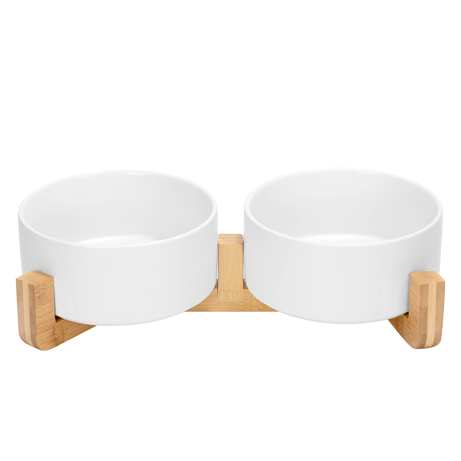 SPUNKYJUNKY ceramic dog and cat bowls on a wooden stand for mess-free meals