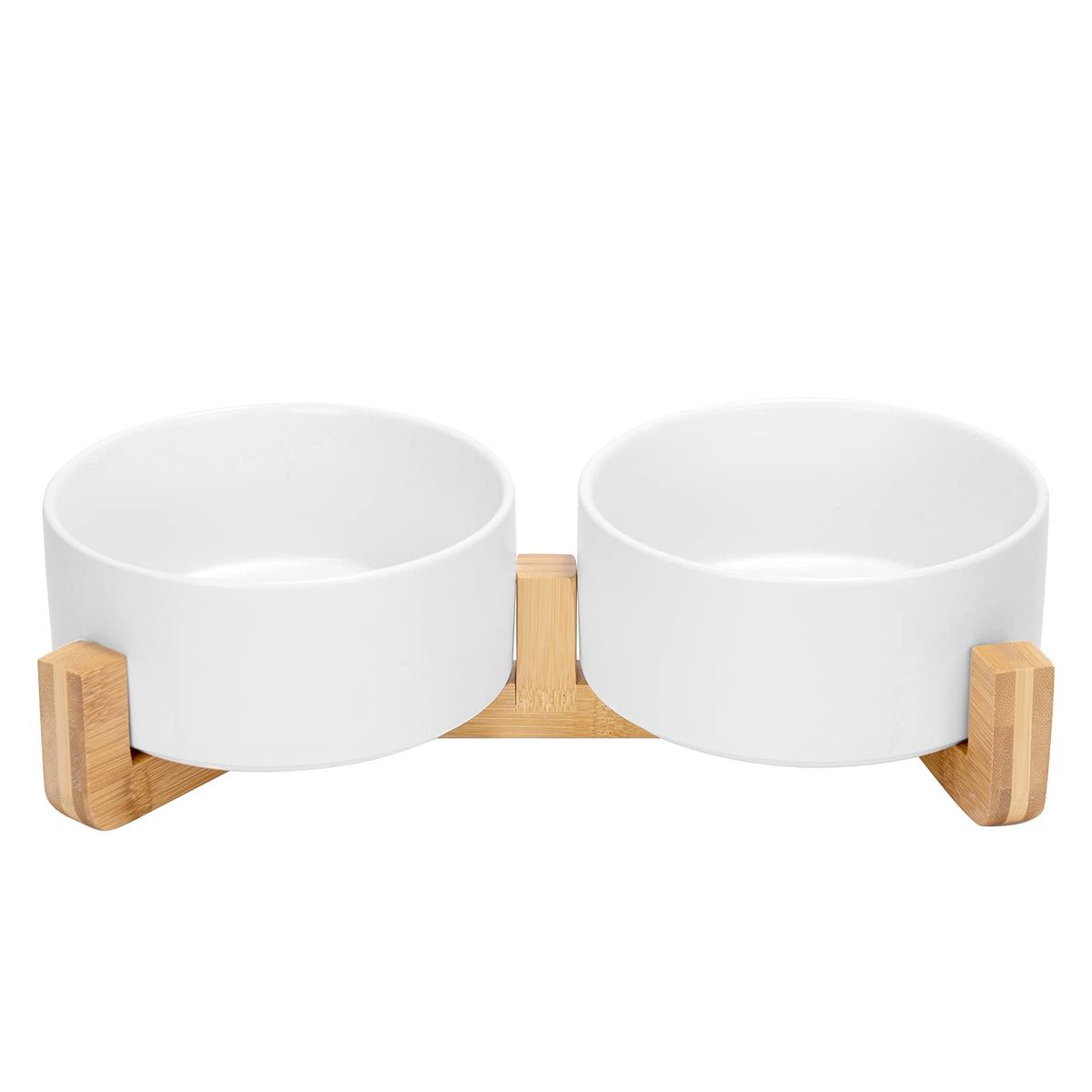SPUNKYJUNKY ceramic dog and cat bowls on a wooden stand for mess-free meals