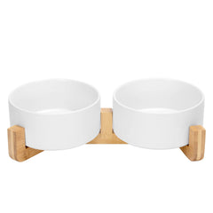SPUNKYJUNKY ceramic dog and cat bowls on a wooden stand for mess-free meals