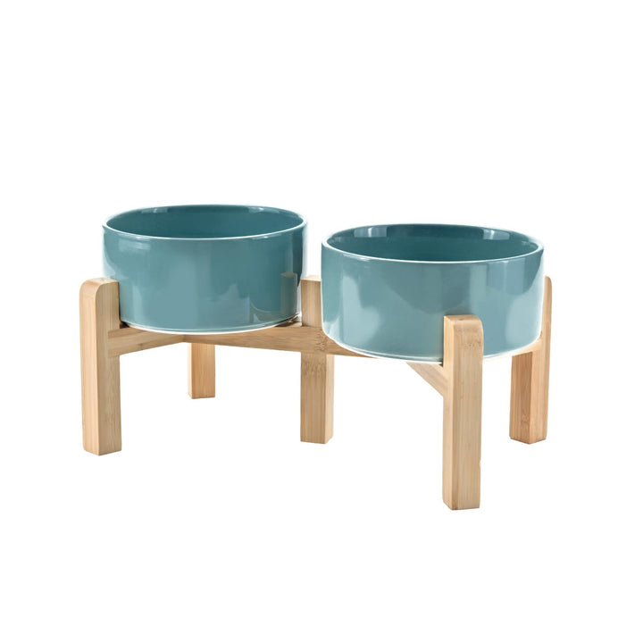 SPUNKYJUNKY elevated ceramic dog bowl promotes comfortable feeding posture.