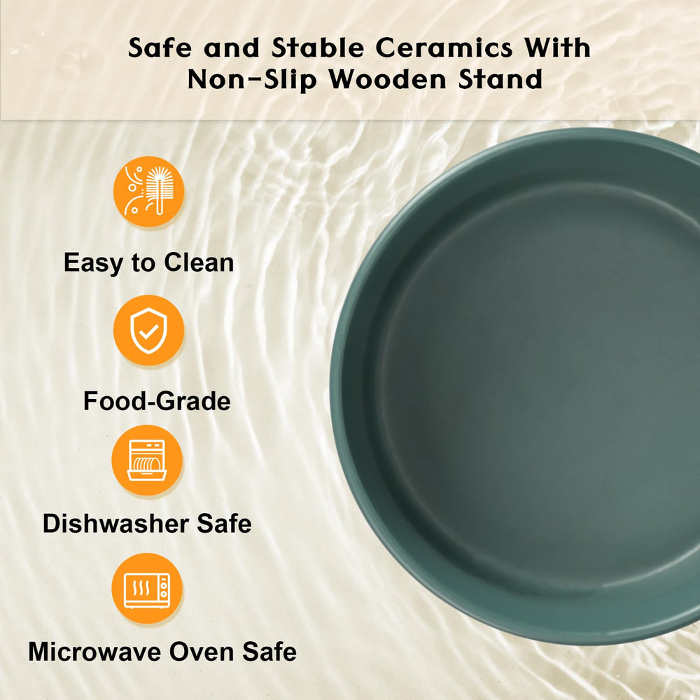 SPUNKYJUNKY heavy ceramic bowls on a wooden base minimize tipping during meals.
