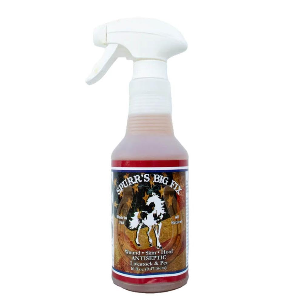 Spurr's Big Fix bottle spray for horses soothing rain rot and skin irritations.
