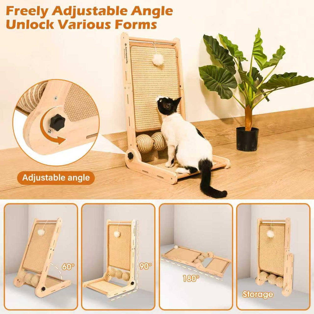 Spzanlovely adjustable-angle scratcher shown in upright and ramp use.
