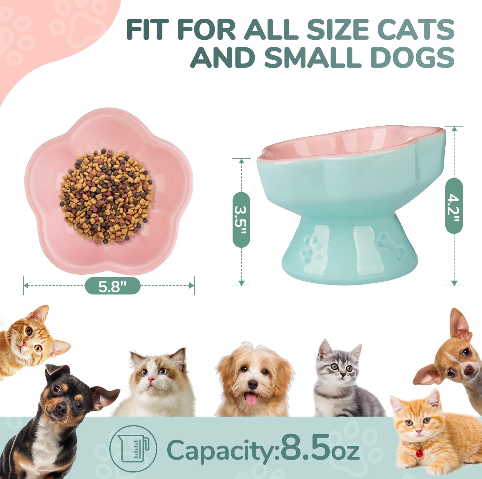 S&Q'S CERAMICS raised cat bowl pink tilt detail showing ergonomic height.