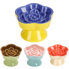 SQS Ceramics raised slow-feeder cat bowl blue with stable base to reduce spills.