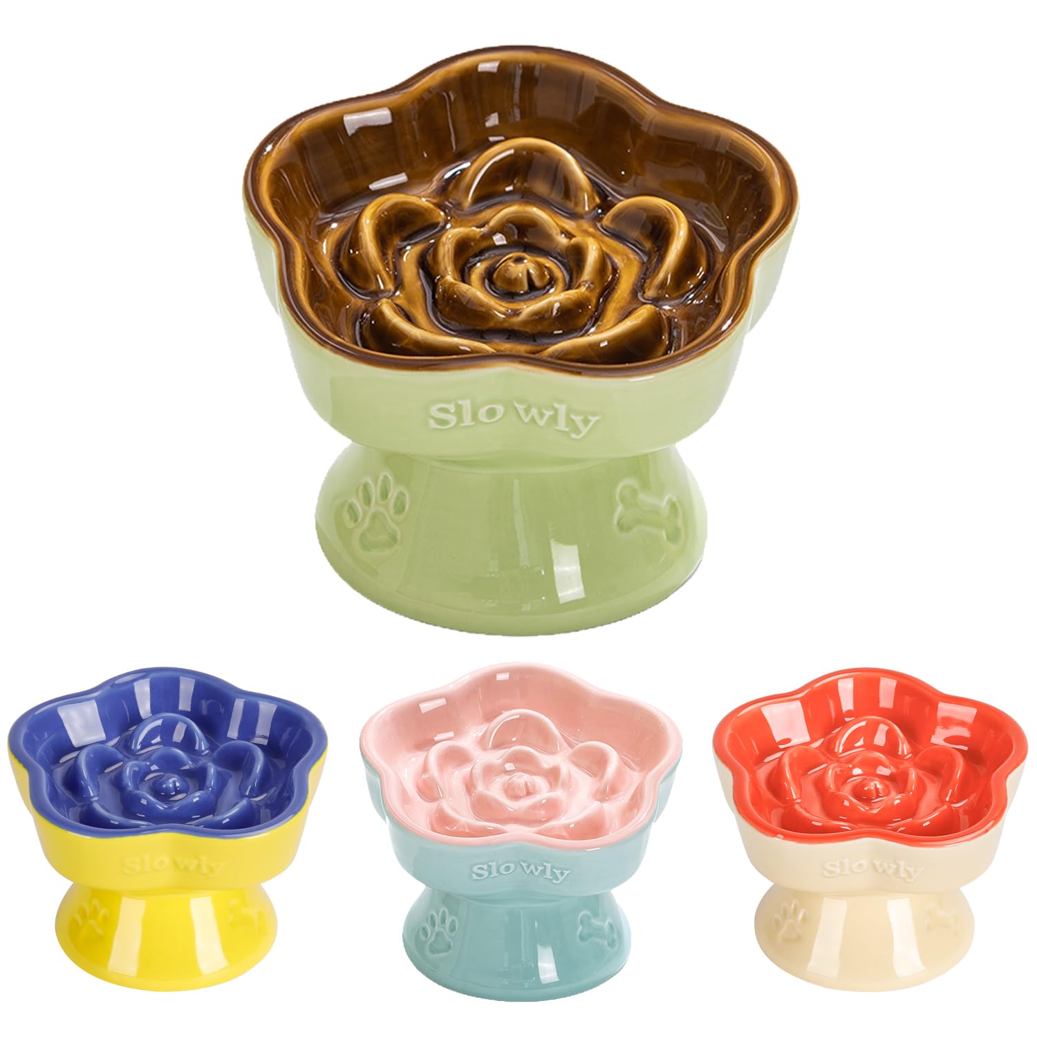 S&Q'S CERAMICS raised slow feeder cat bowl with brown flower design promotes calmer meals.