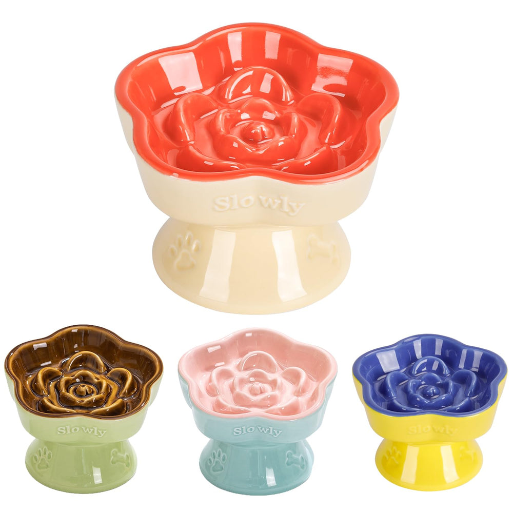 S&Q'S CERAMICS raised slow feeder cat bowl in orange promotes calmer eating pace