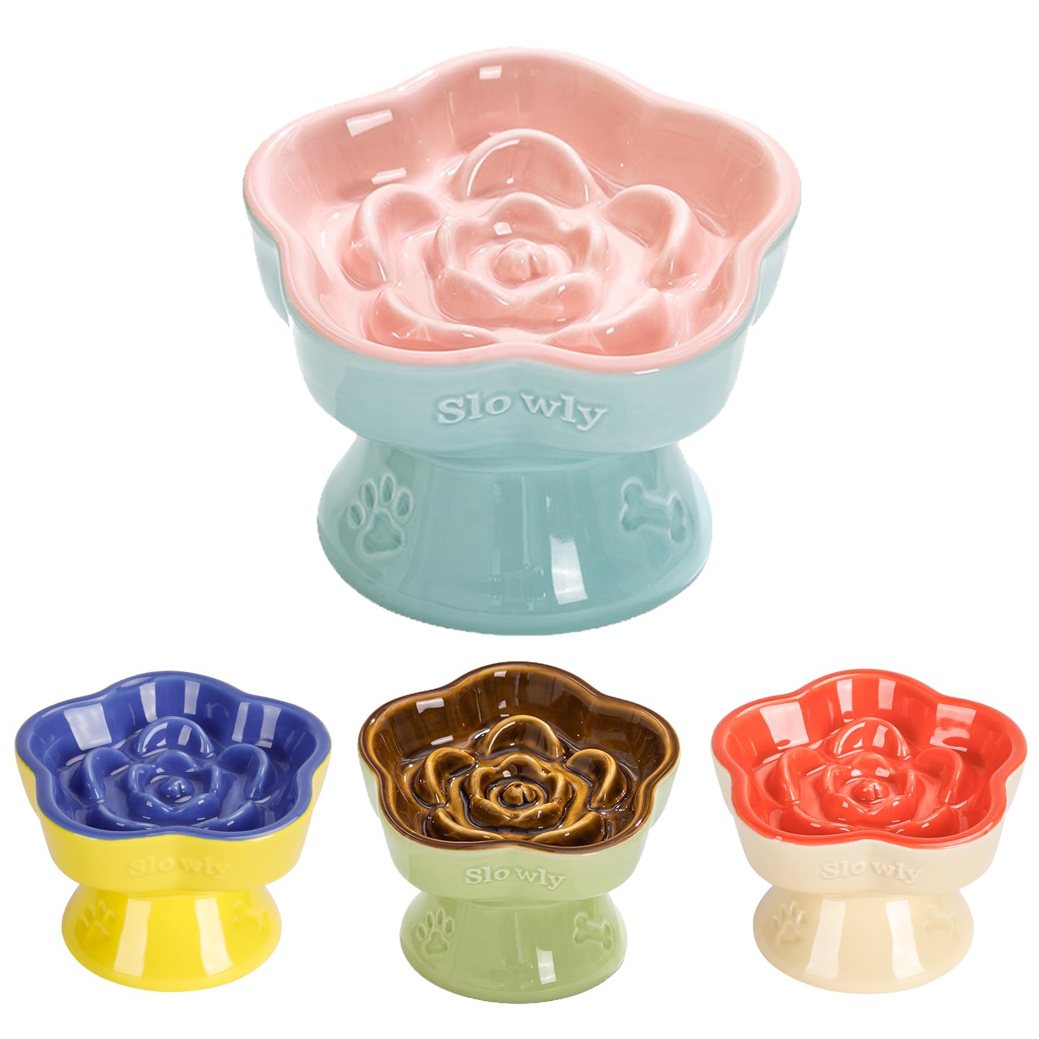 SQS Ceramics raised slow feeder cat bowl pink promotes slower eating for comfort