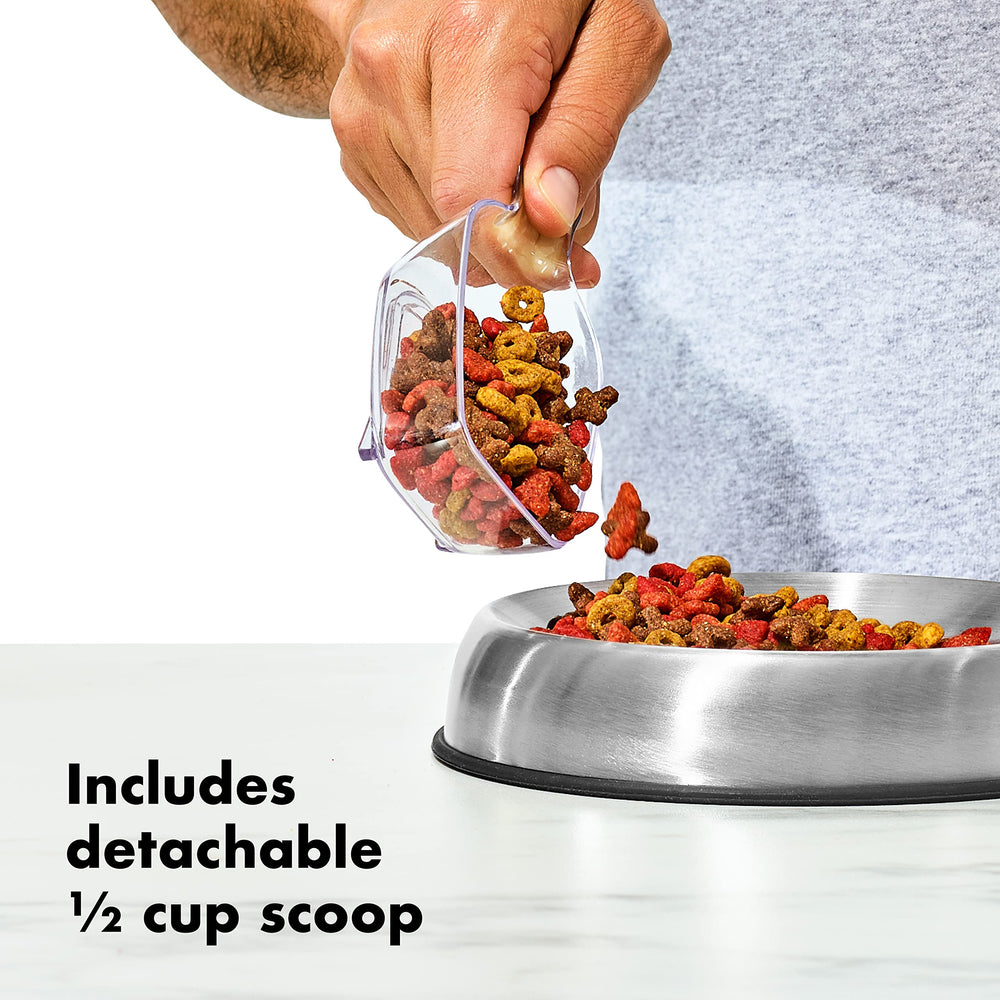 Square base enables compact, stackable pantry storage.