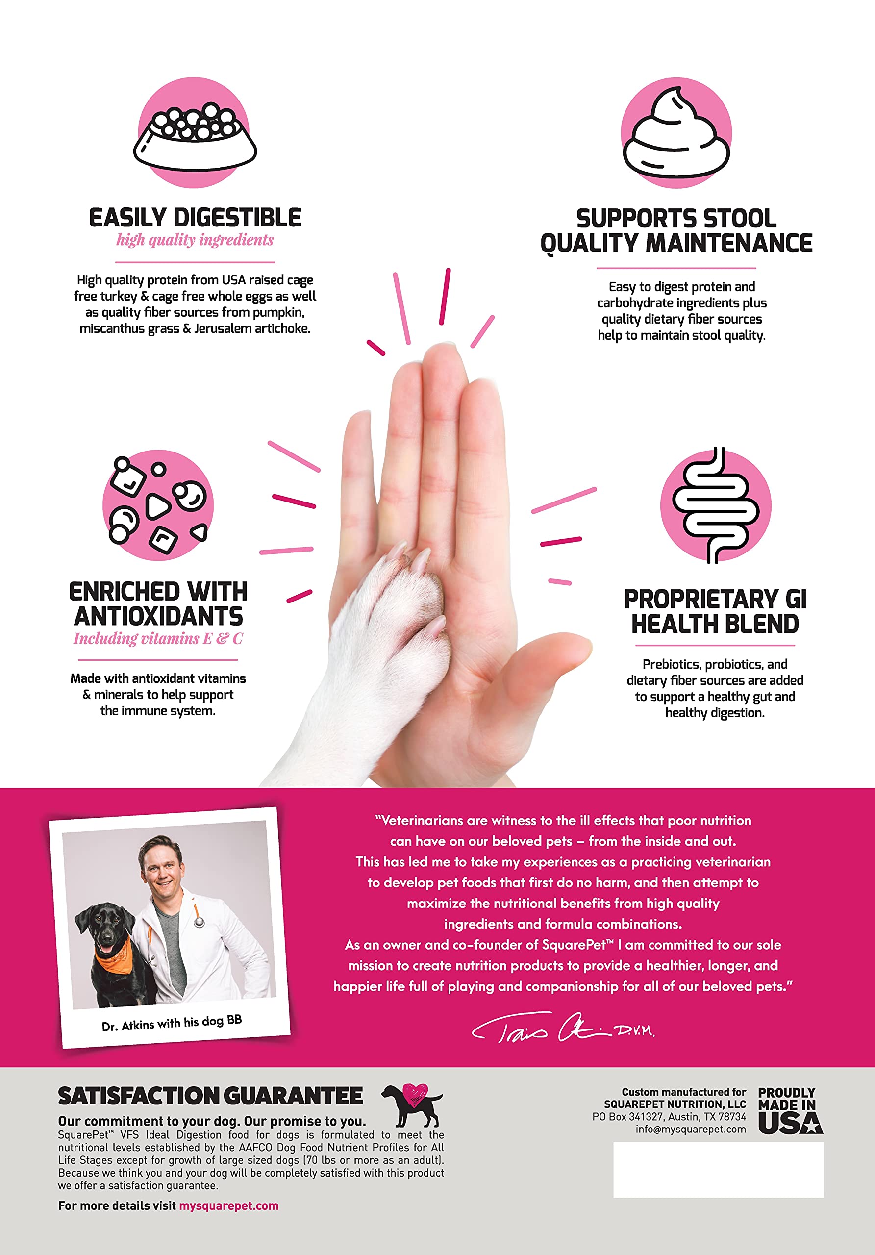 SquarePet VFS Canine Ideal Digestion Formula turkey protein sources support digestibility in meals.
