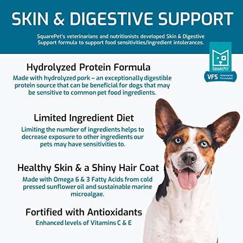 SquarePet VFS hydrolyzed pork kibble closeup highlights protein source designed for sensitive tummies.
