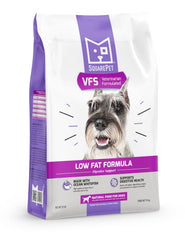 SquarePet VFS low-fat dry dog food bag highlights easy digestion and balanced nutrition