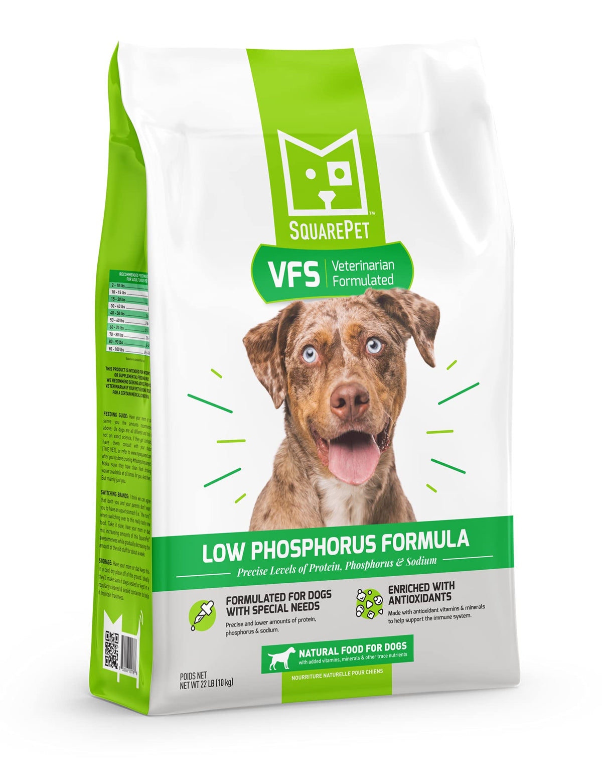SquarePet VFS low phosphorus formula dog food bag shows turkey and eggs for kidney health support.