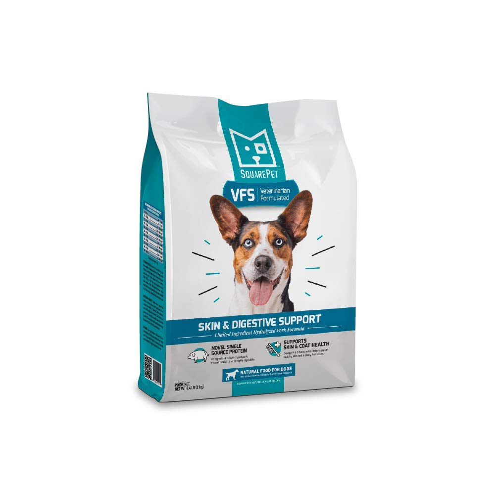 SquarePet VFS skin and digestive support bag, highlighting hydrolyzed protein for sensitive dogs.