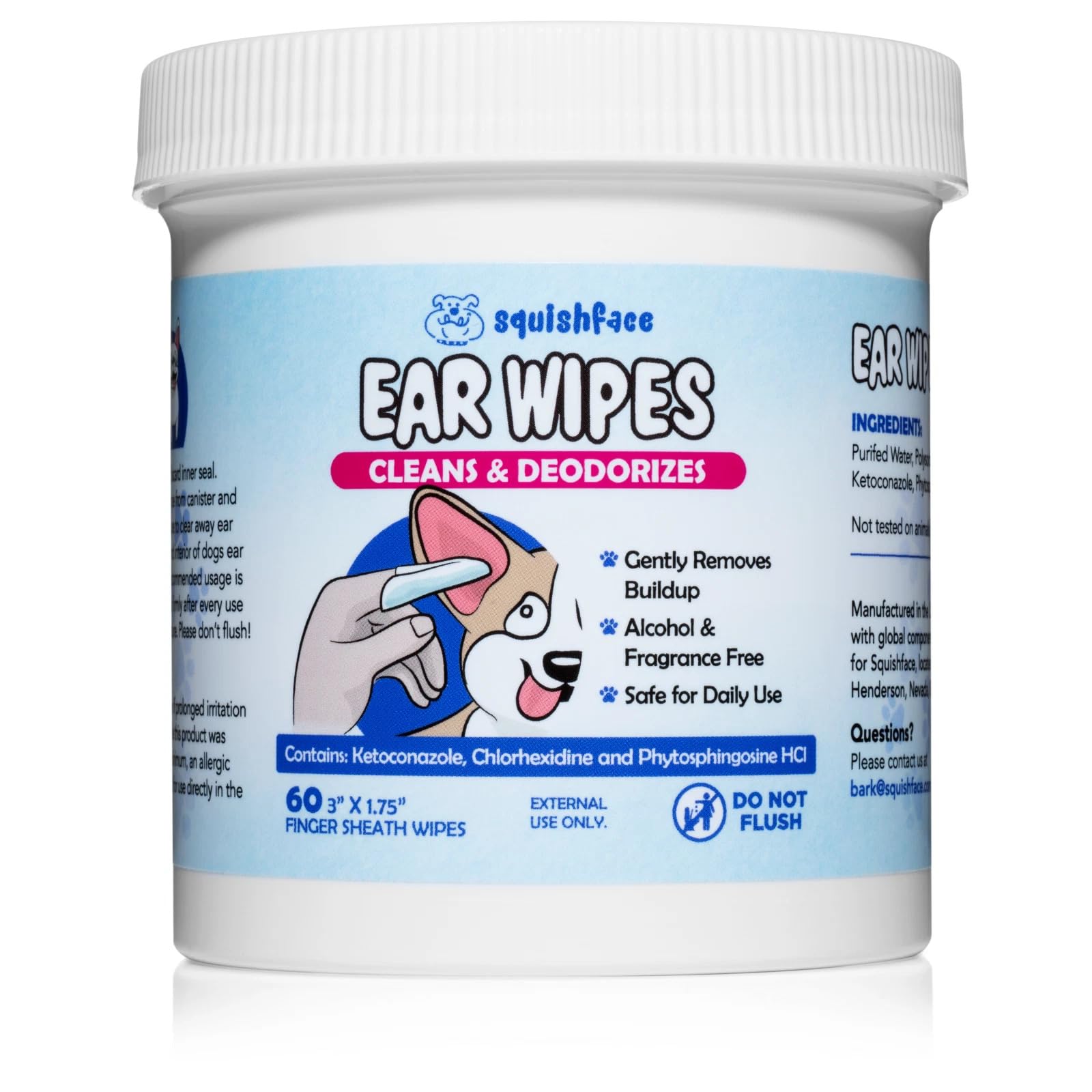 Squishface finger-sheath ear wipe for precise cleaning of hard-to-reach ears.